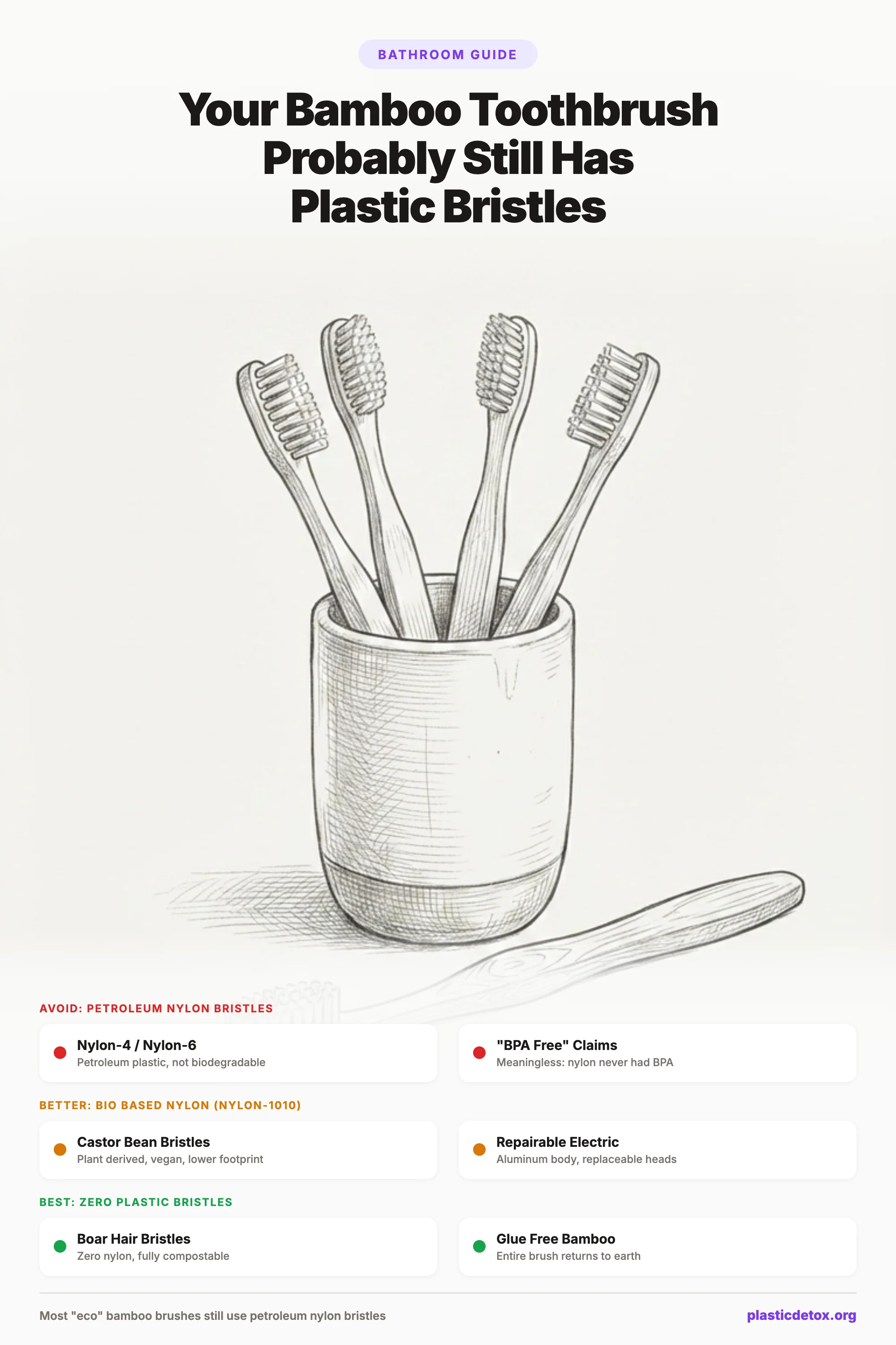 Infographic showing bamboo toothbrush bristle types: avoid petroleum nylon, better options include castor bean bristles, best options are boar bristle brushes from PRIMALS and Gaia Guy