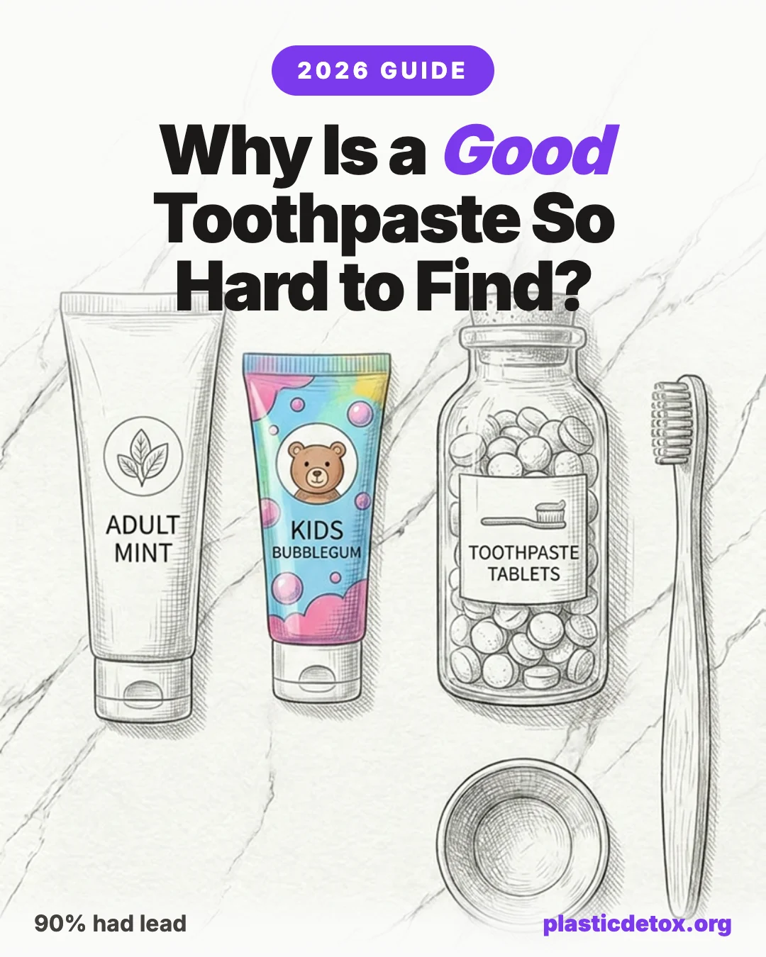 Why is a good toothpaste so hard to find? Illustration of an adult mint tube, a kids bubblegum tube, a jar of toothpaste tablets, and a toothbrush on marble, with the note that 90 percent had lead