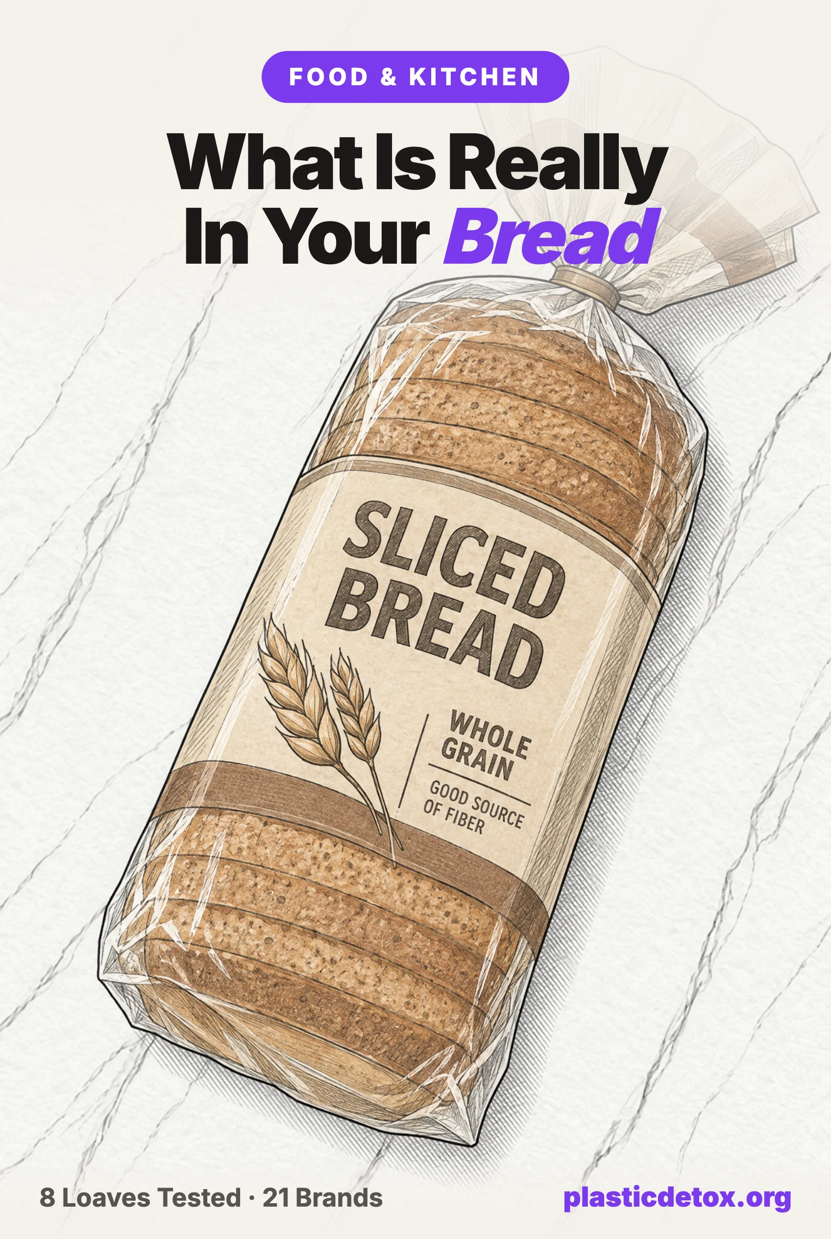 Pencil illustration of a sliced whole grain loaf in a clear plastic bag with a twist tie, on marble, headed what is really in your bread